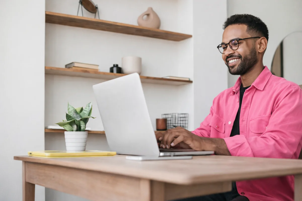 Homem sorridente de óculos e camisa rosa trabalhando em laptop no escritório doméstico.