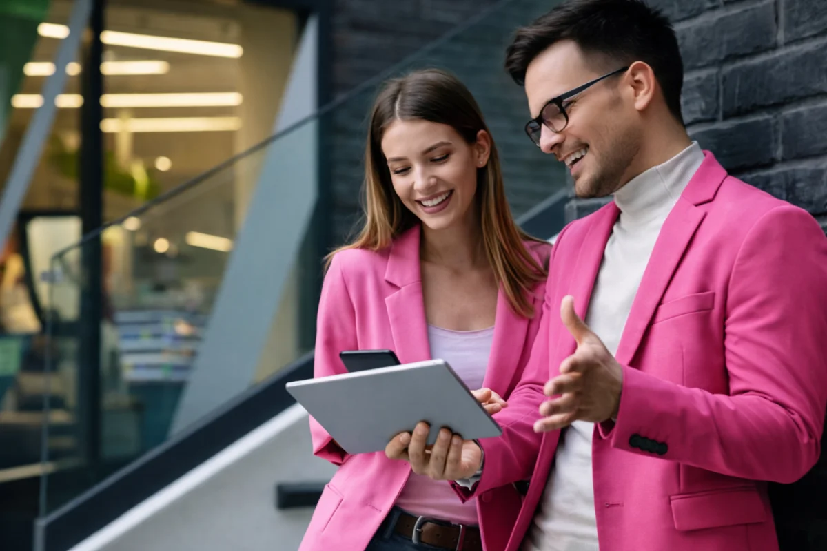 Casal de negócios usando tablet e celular, ambos sorrindo e usando blazer rosa.
