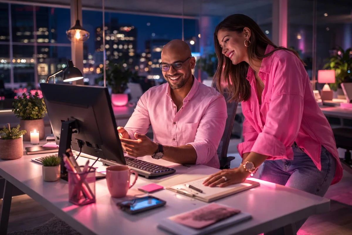 Colegas sorridentes colaborando em um computador durante a noite no escritório moderno com iluminação rosa.