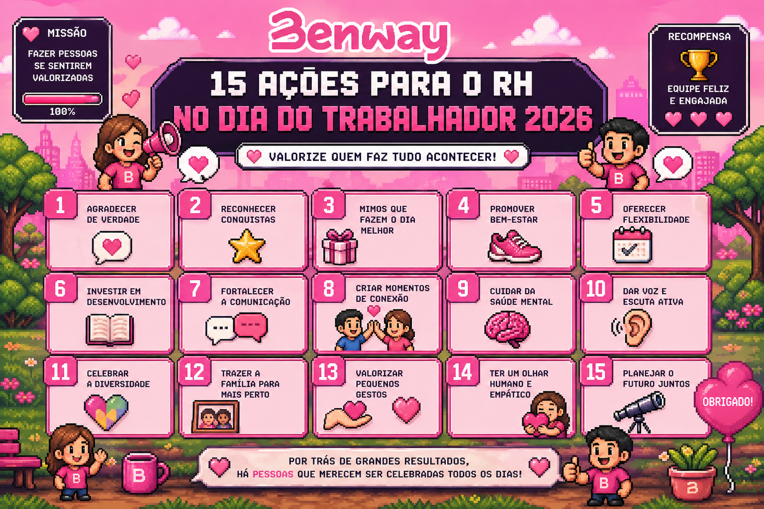 15 ações para o RH no Dia do Trabalhador 2026 - ilustração pixel art Benway